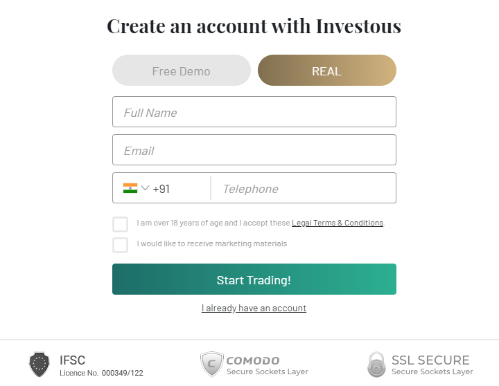 Opening an account with Investous
